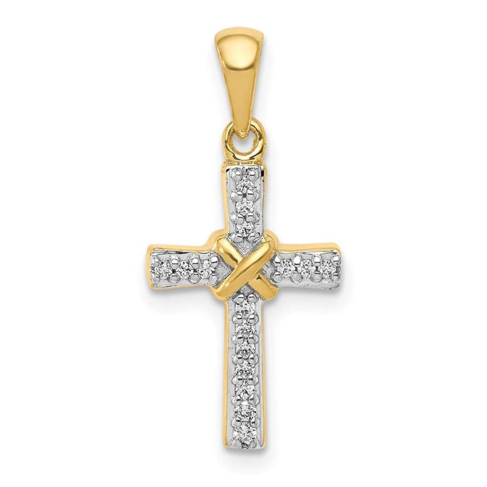 14k Yellow Gold & Rhodium 1/10Ctw Diamond Small Cross Pendant, 10x23mm
